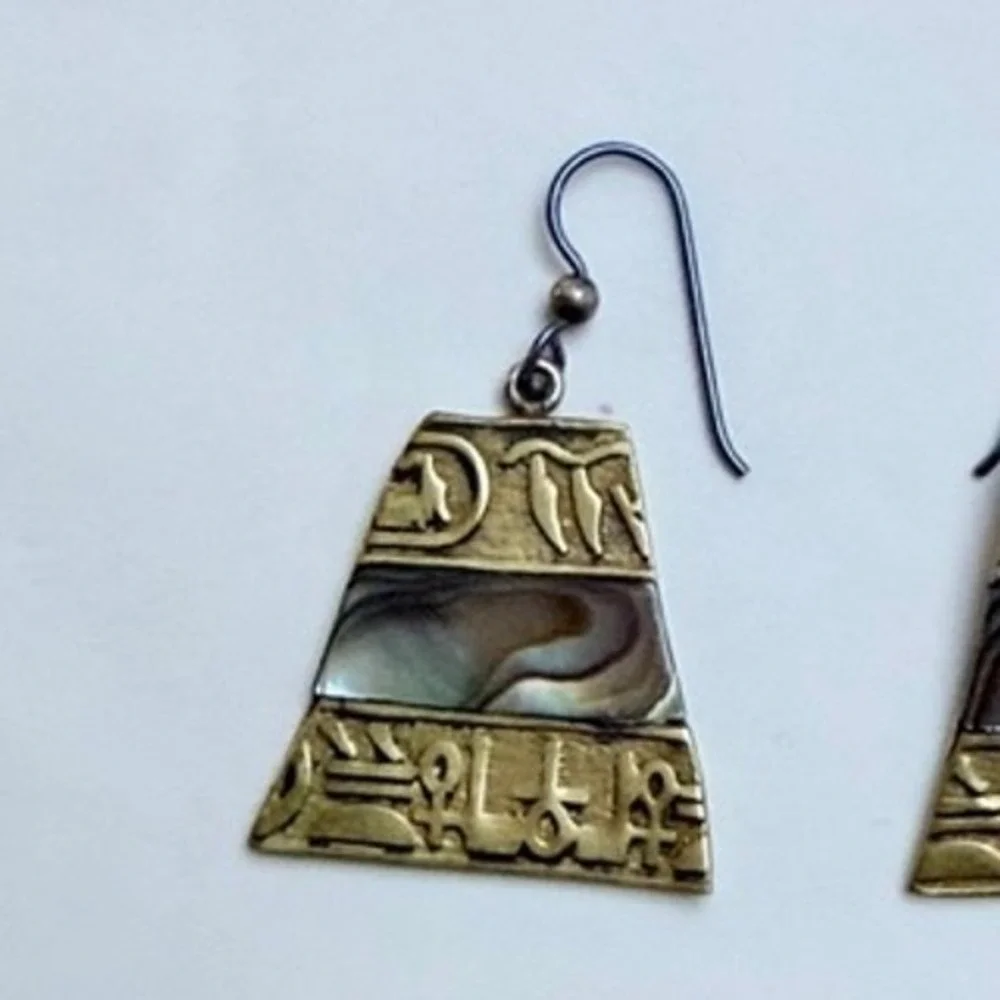 Egyptian Hieroglyphic Abalone Shell Inlay Trapezoid Drop Earrings Gold Tone